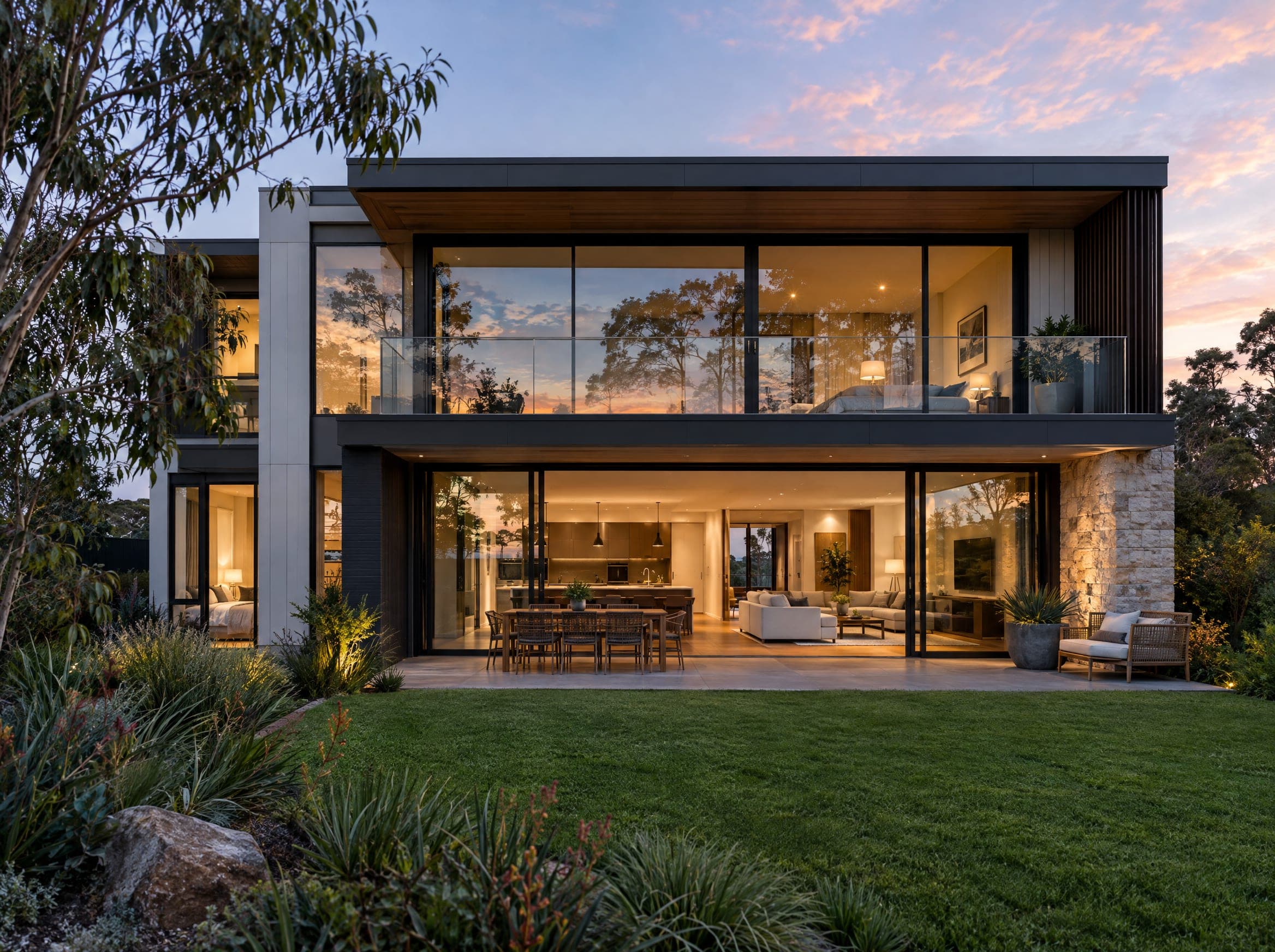 A modern two-storey home at dusk with floor-to-ceiling black-framed windows and sliding doors
