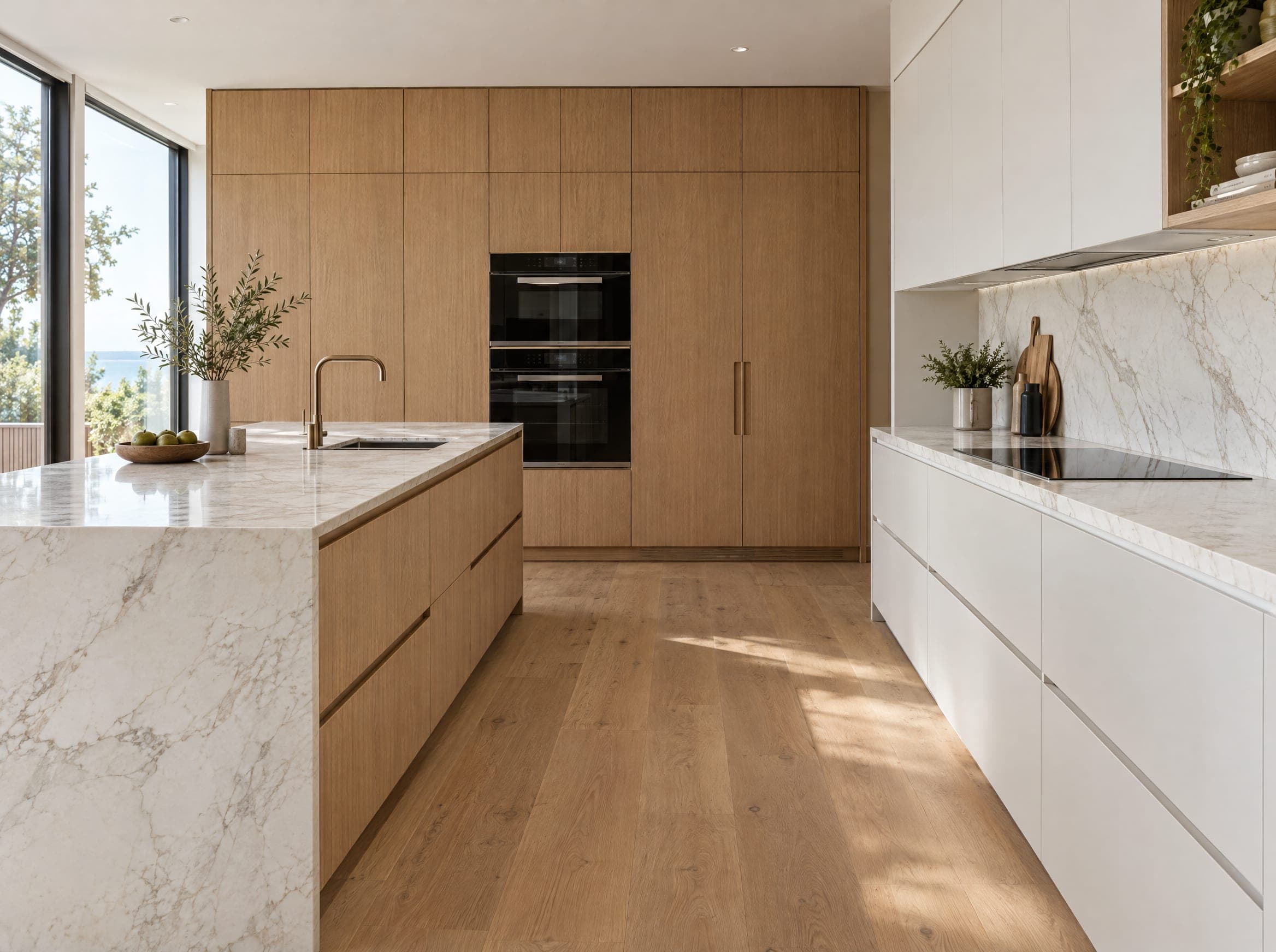 A kitchen with oak and white joinery and a marble-look stone benchtop with a waterfall edge