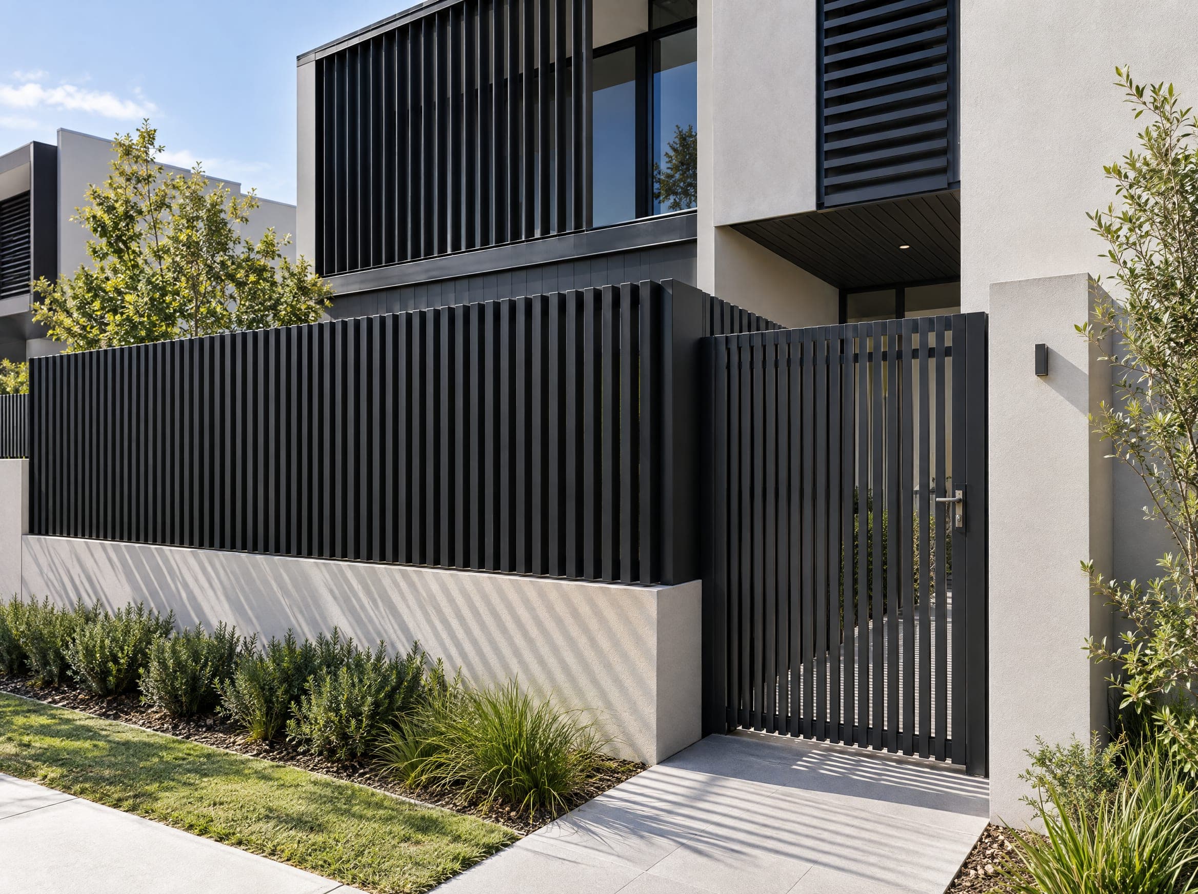 Black aluminium privacy screens, louvres and a slatted gate on a modern townhouse