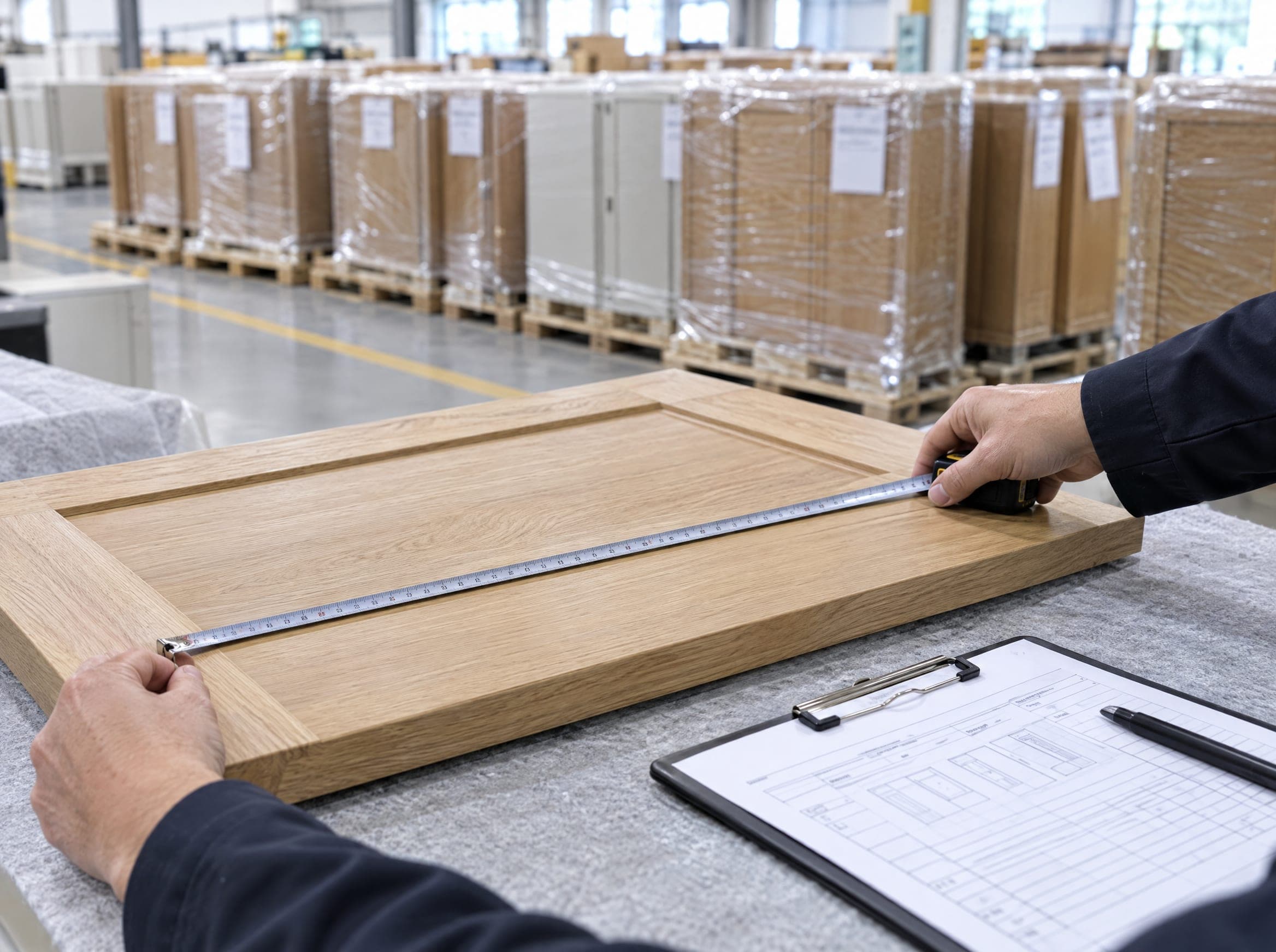 A cabinet door being measured against its specification sheet before dispatch