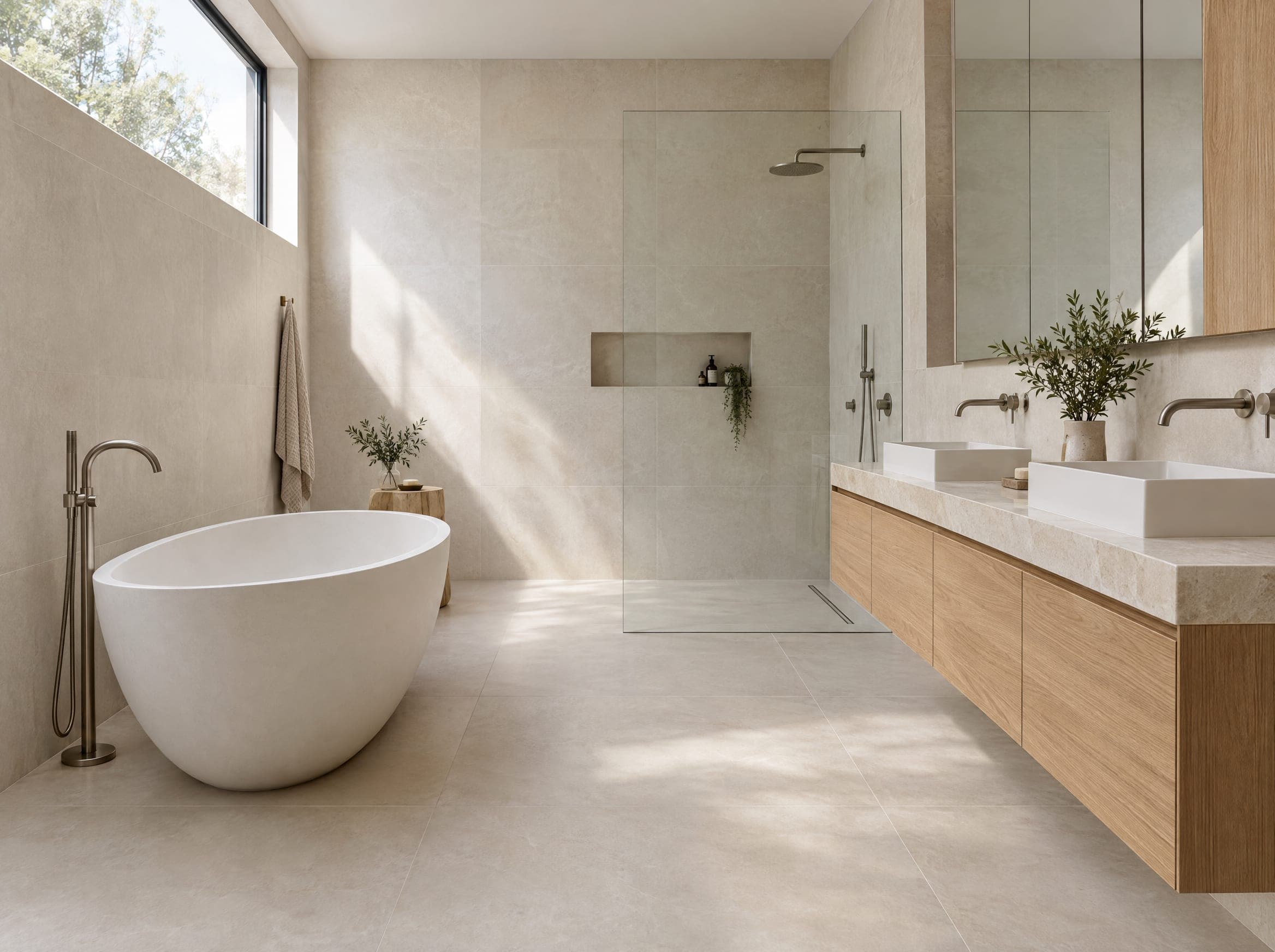 A bathroom with a freestanding stone bath, a timber vanity with twin basins and brushed nickel tapware