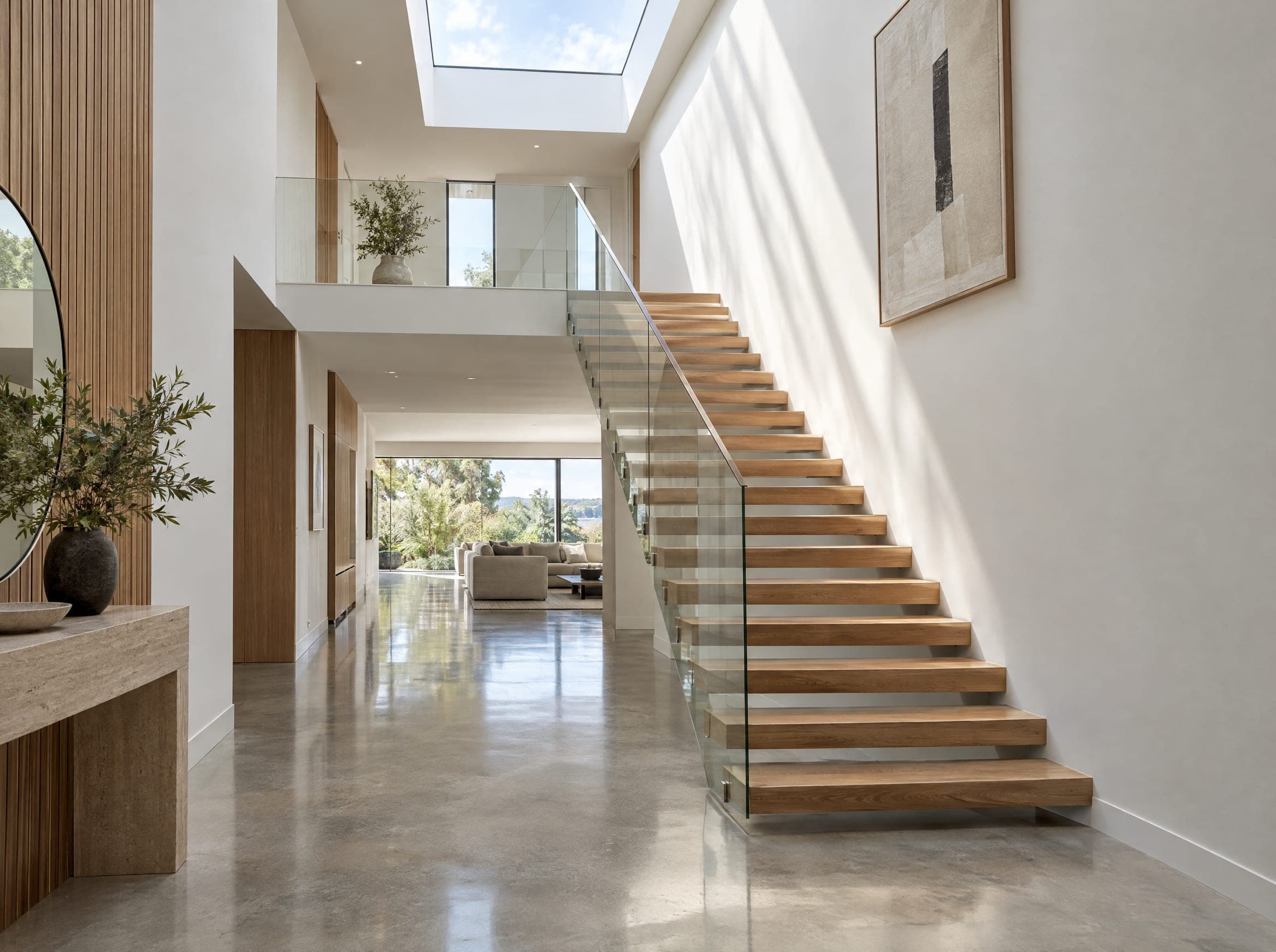 A floating oak staircase with a frameless glass balustrade in a double-height entry