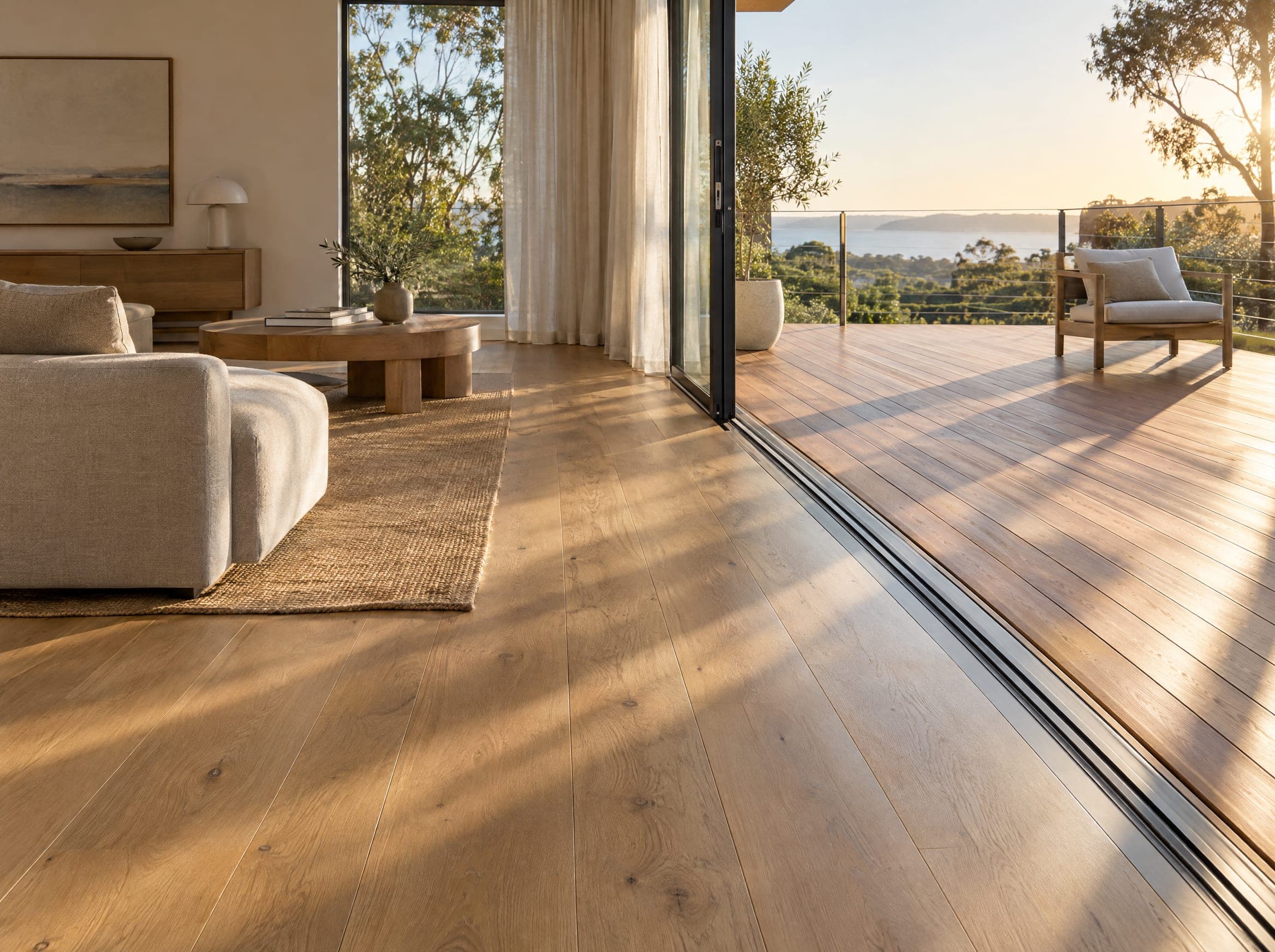 Wide oak floorboards running through open sliding doors onto a timber deck