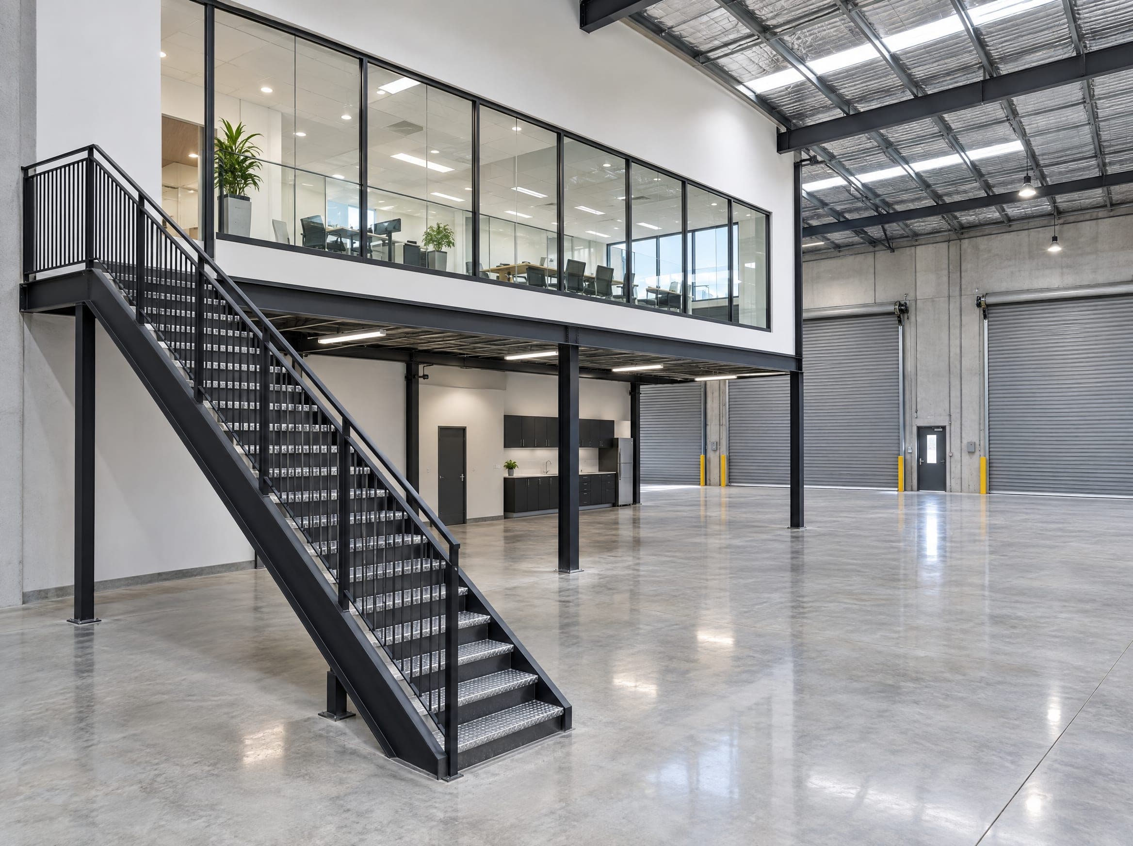 A warehouse with a steel stair to a glazed mezzanine office and polished concrete floors